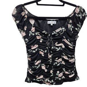Ruched Floral Black Top Pink White Roses Medium Poof New York Blouse‎ Coquette